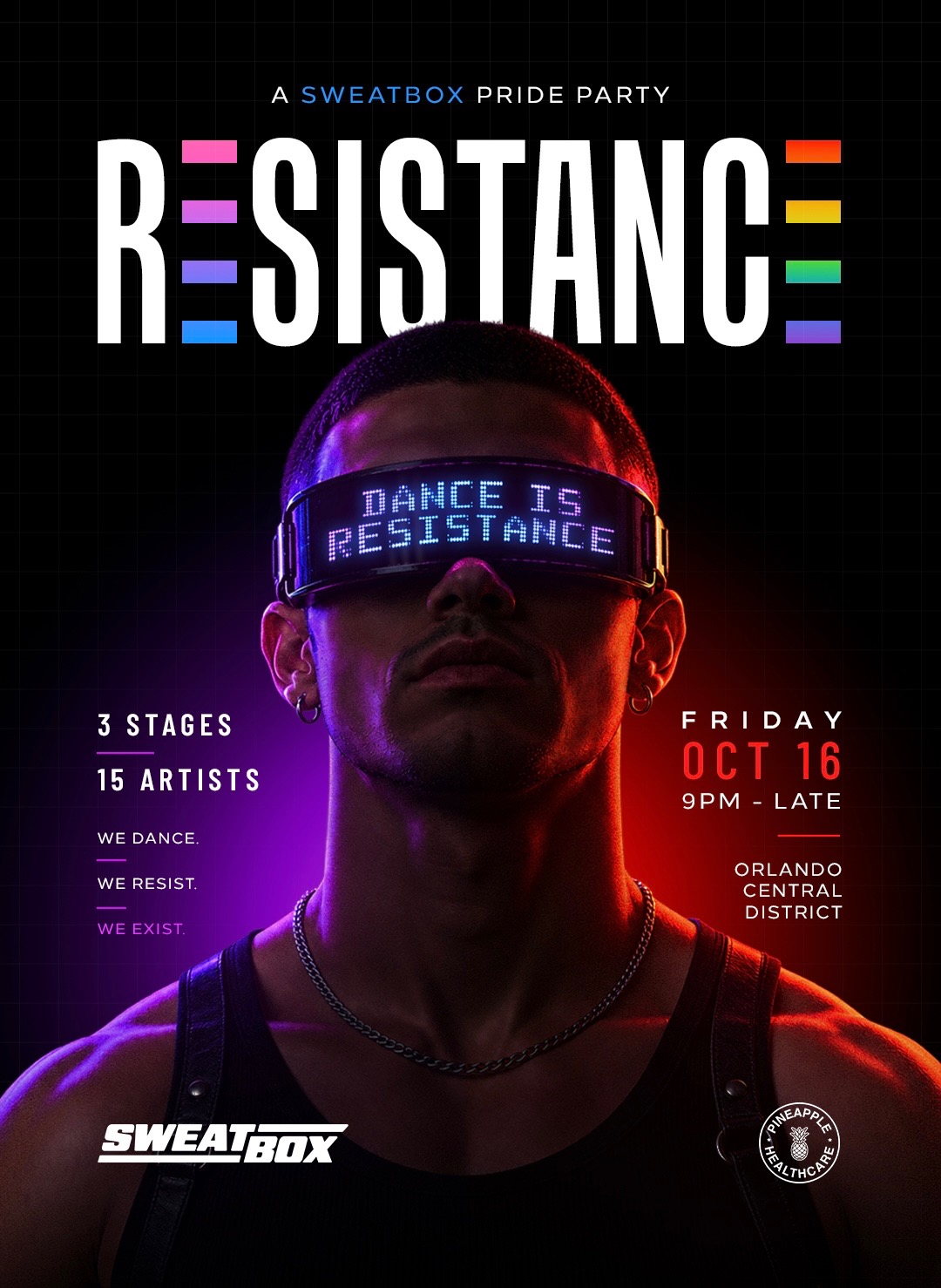 SWEATBOX Resistance Orlando Pride Weekend party flyer: Friday October 16, 3 stages, 15 artists